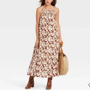 Universal Thread Floral Midi Dress in Brown and Cream